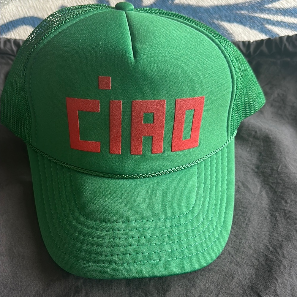 Clare V Trucker Hat Green with Red 'CIAO' Print. New